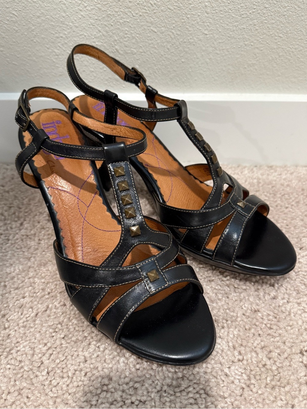 Indigo by Clarks Black Stud Accented T-Strap leather Heels